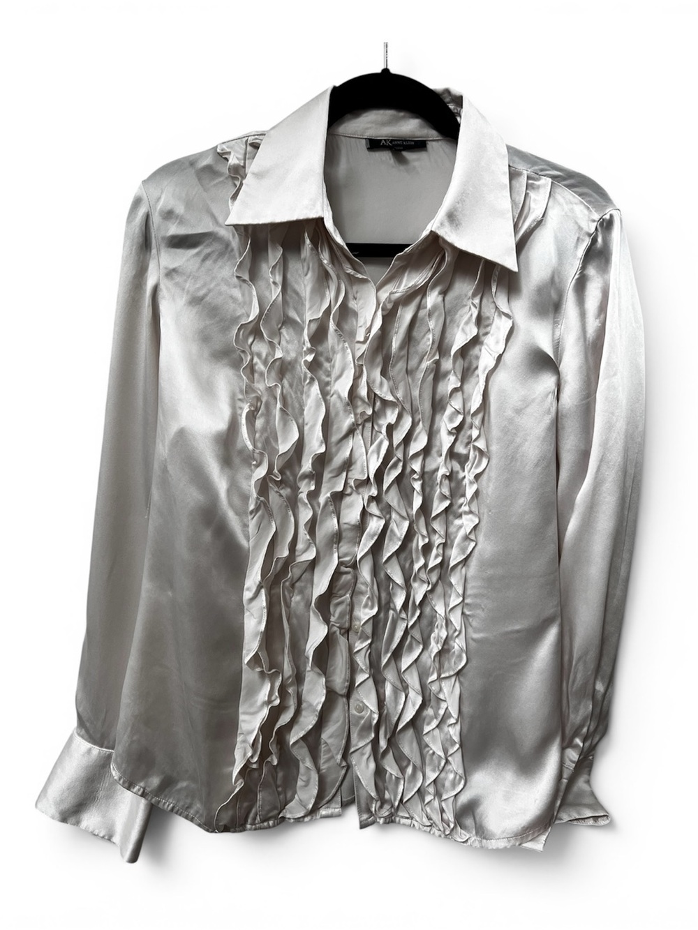 Silk Ruffled Button-Up Blouse in Pearl